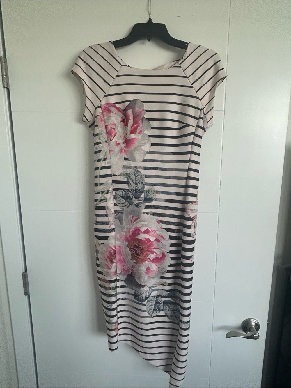 Striped Floral Midi Dress in Blush Pink